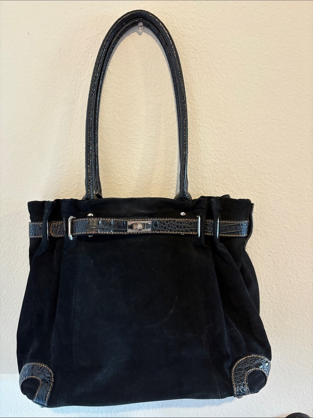 Black suede bag Gun tote with silver hardware    Gun tote'n mamas